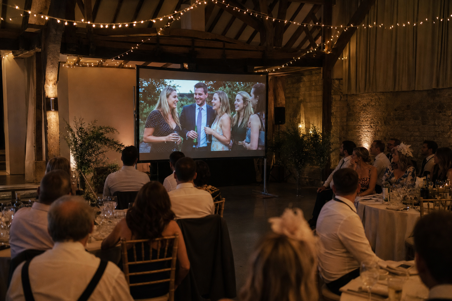 A live guest photo wall on a TV at a UK wedding reception