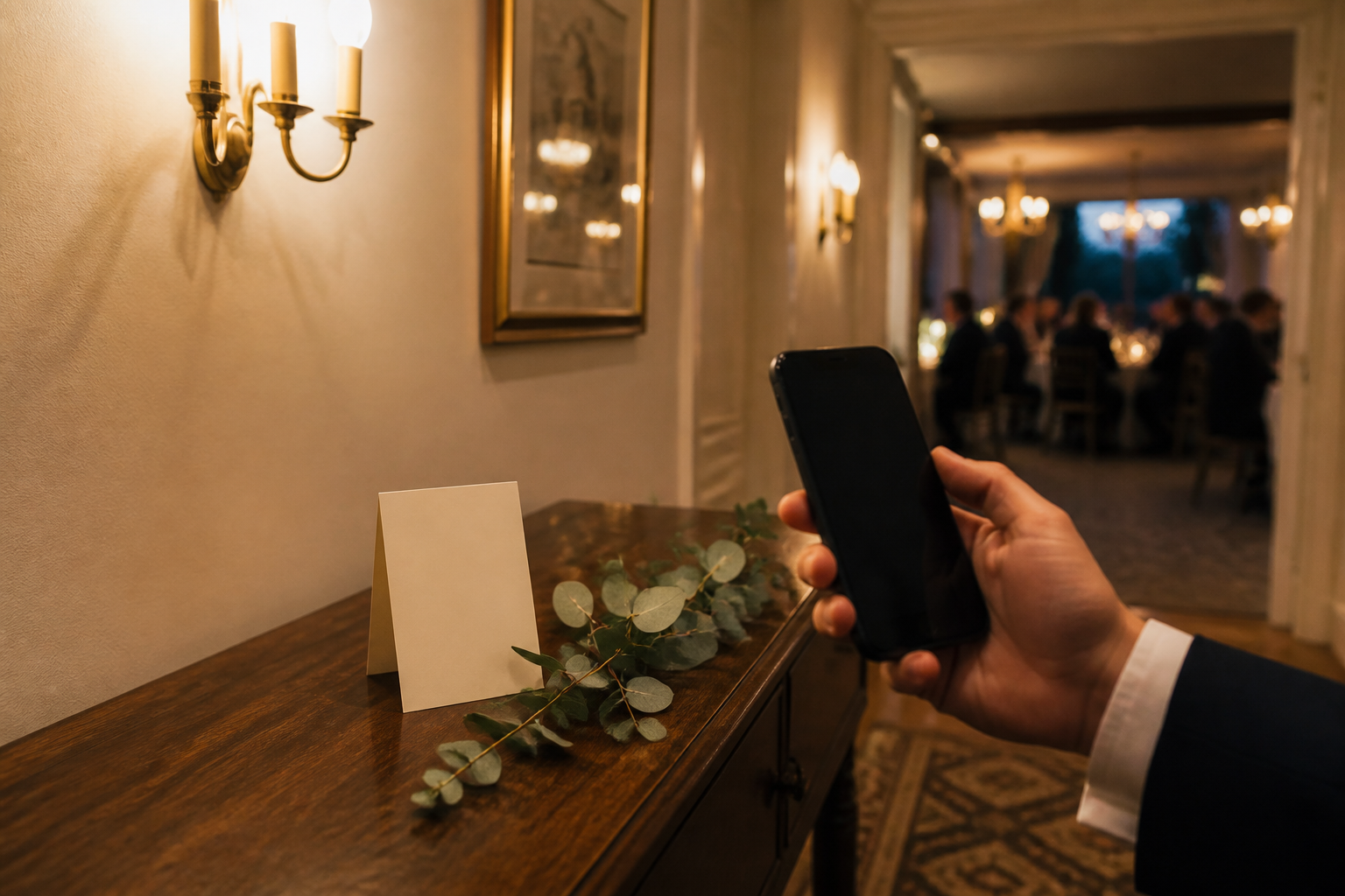A wedding guest in a quiet corridor holding a phone toward a table card
