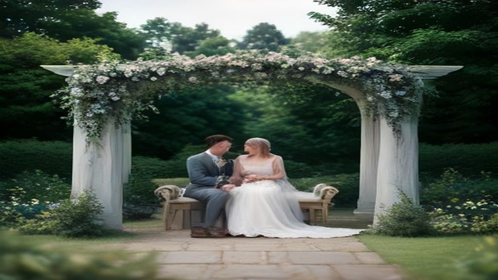 Couple under a floral arch at a quiet outdoor UK wedding ceremony