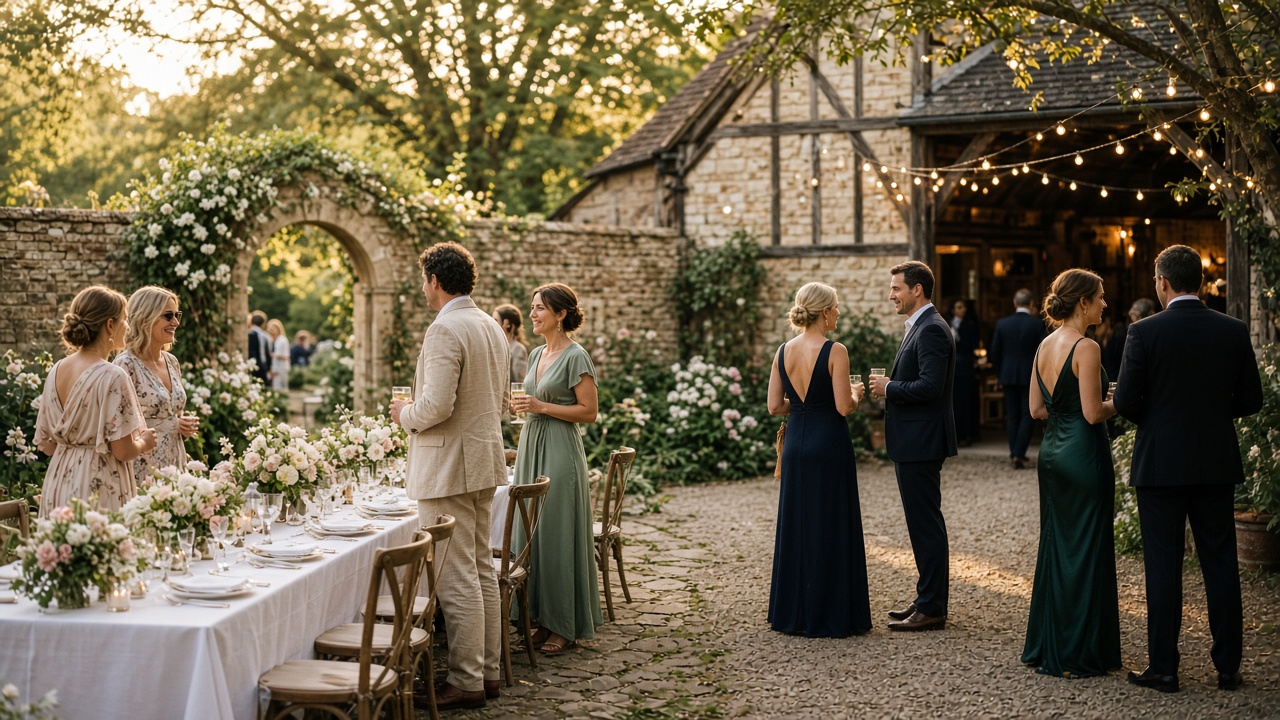 Day and evening wedding guests mingling at a UK barn courtyard reception