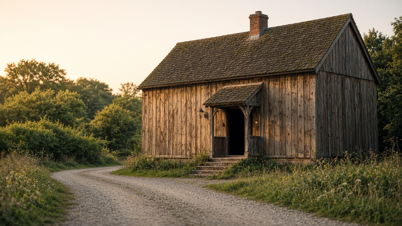English barn exterior at golden hour, no person