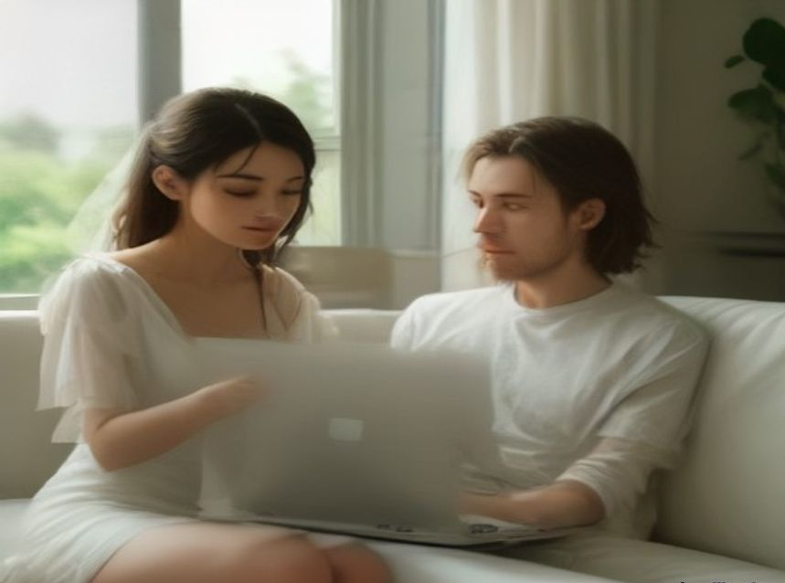 Couple reviewing wedding plans on a laptop at home