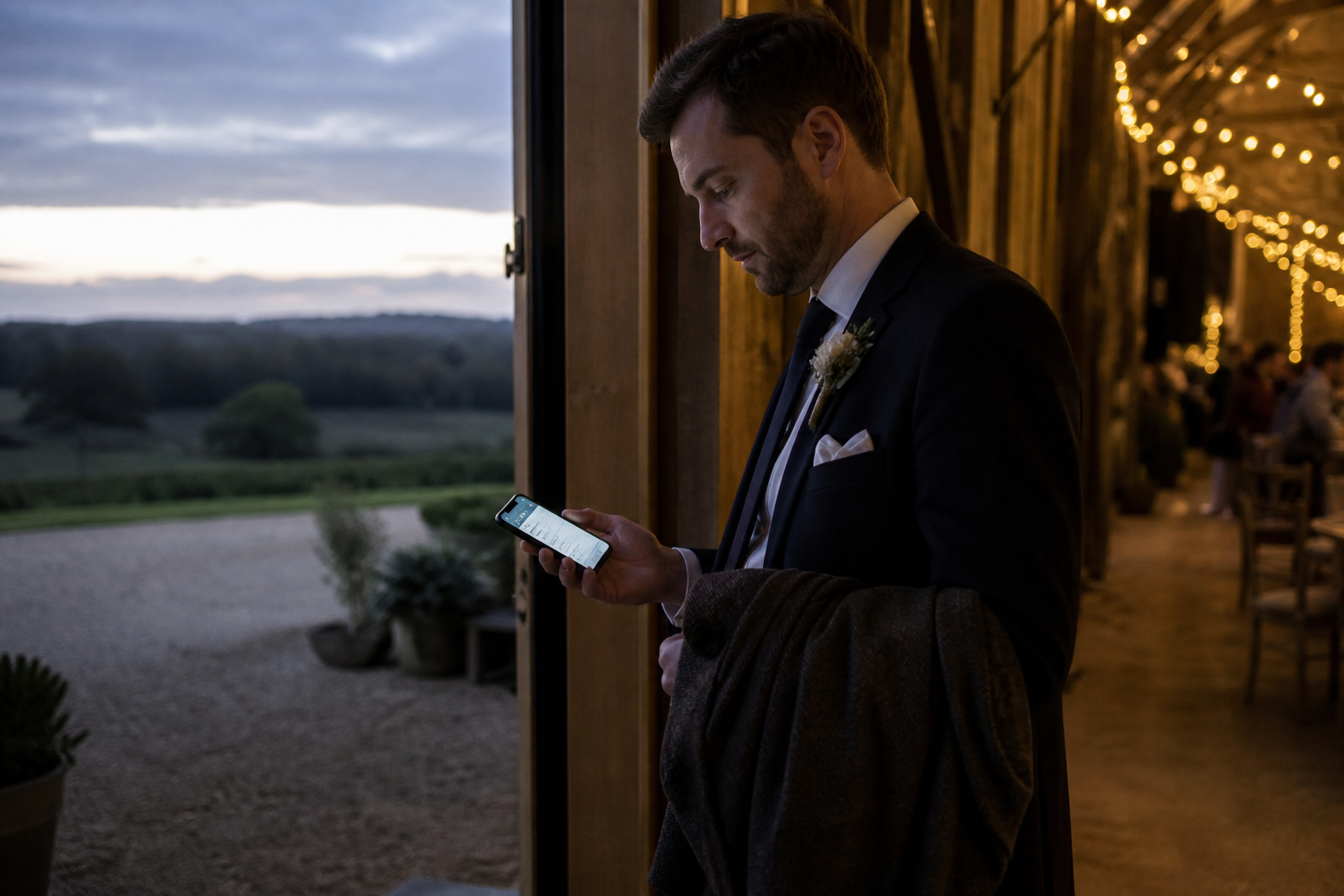 An evening guest on a barn threshold checking a phone browser in poor signal