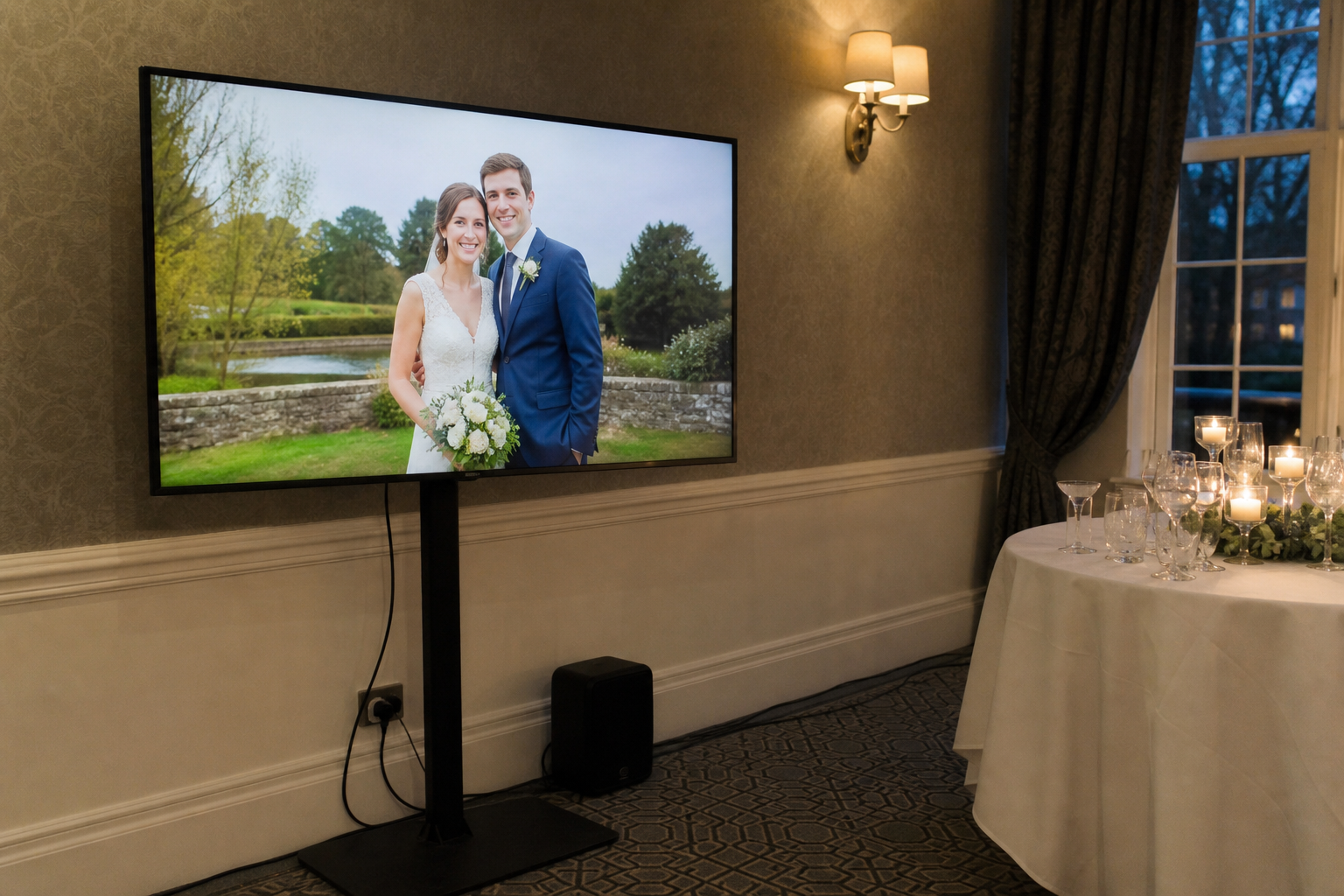 A projector or TV running a live photo wall at a UK reception, cable taped along the skirting