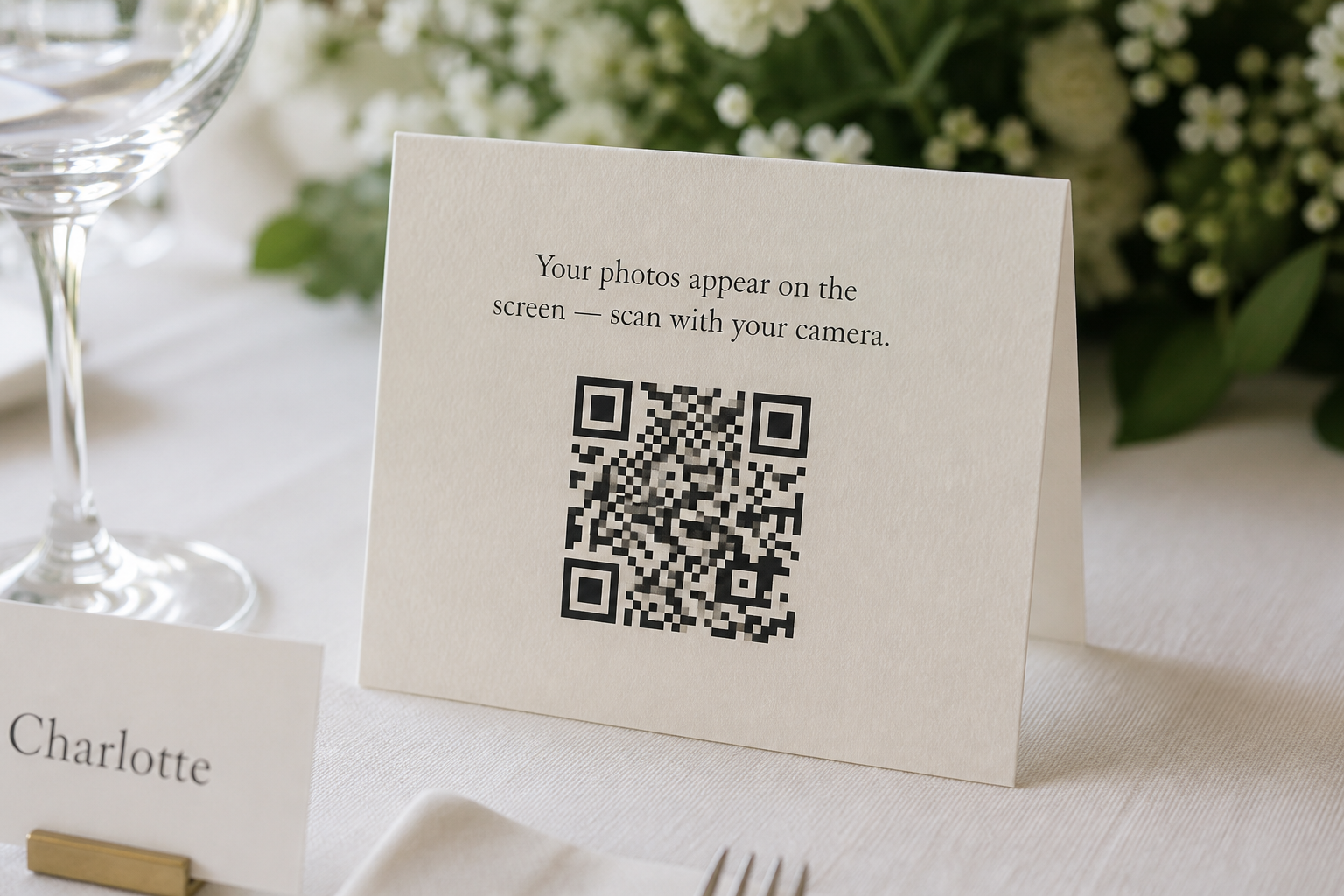 A reception table card asking guests to add a photo to the live wall