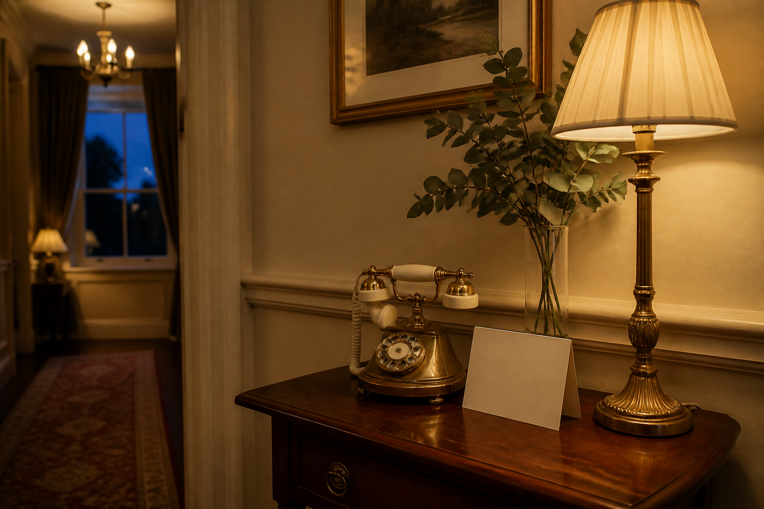 A hired-style rotary phone on a side table at a wedding reception