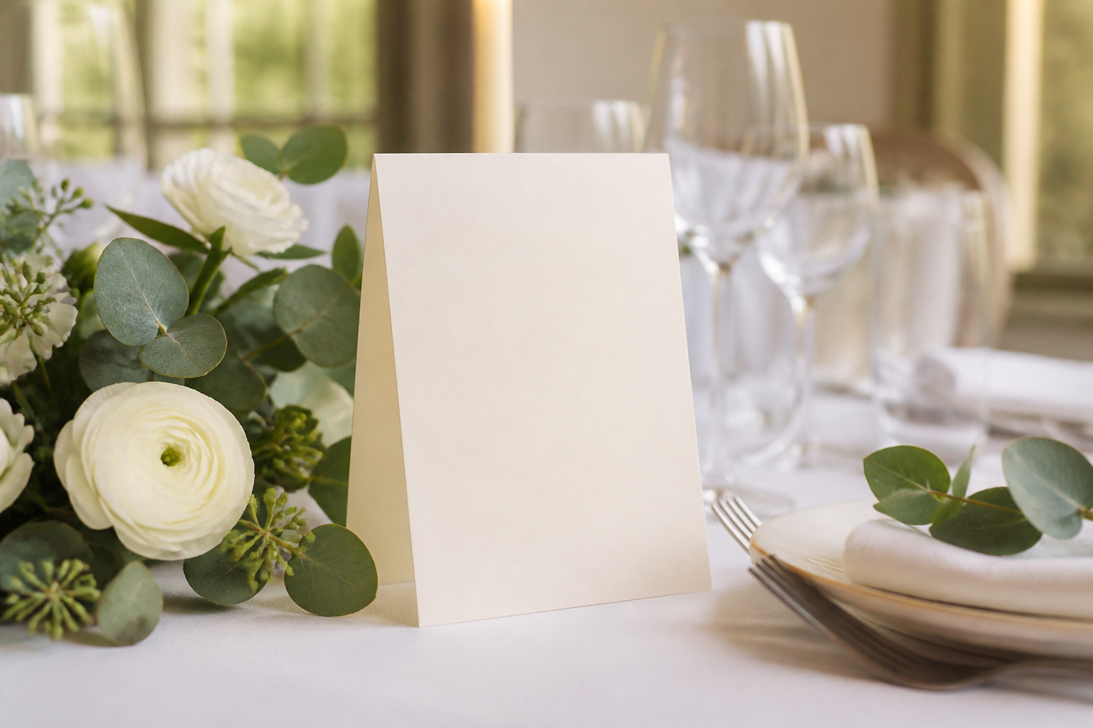 A cream table card on linen, ready for a voice-note prompt