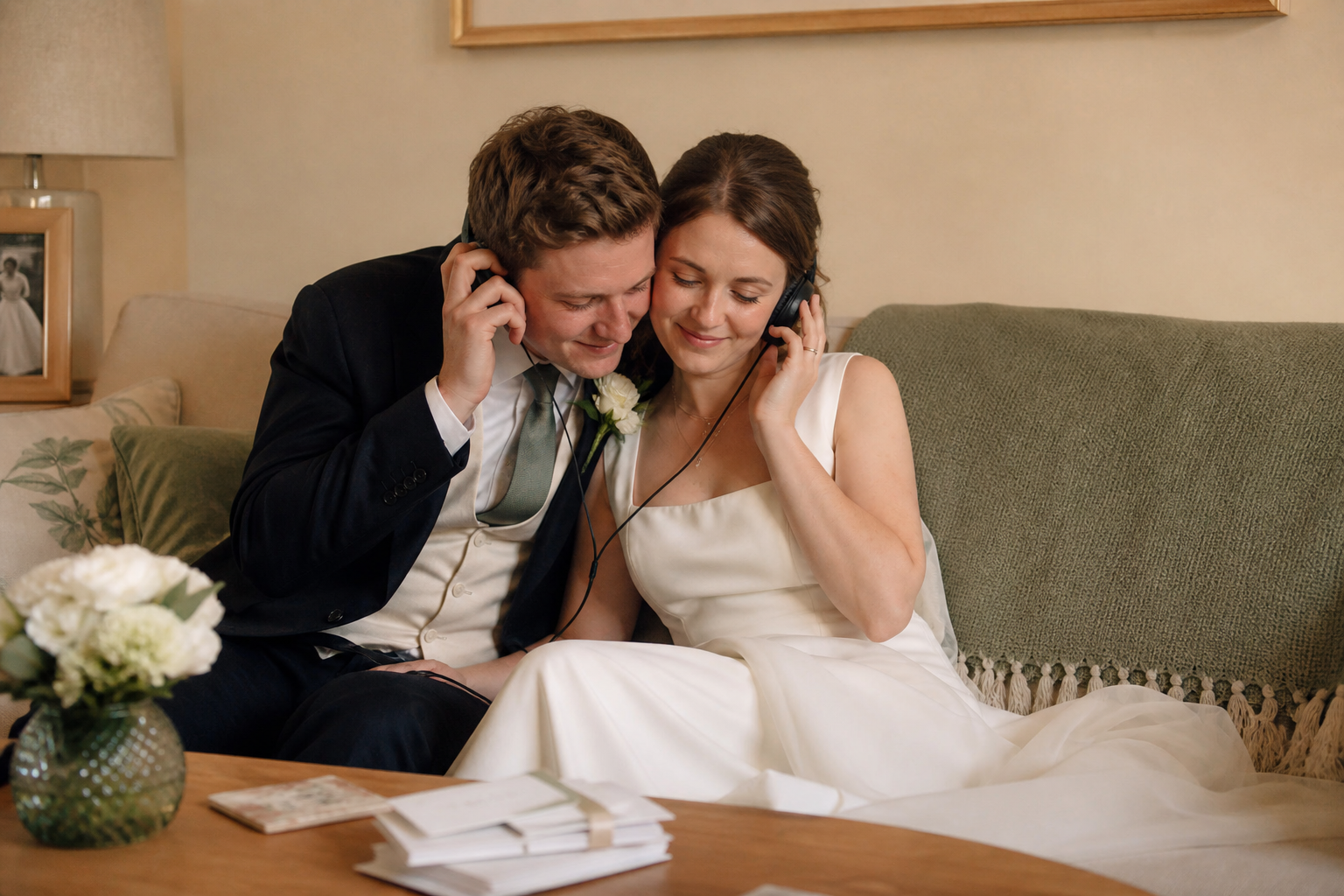 A couple listening back to wedding voice notes together