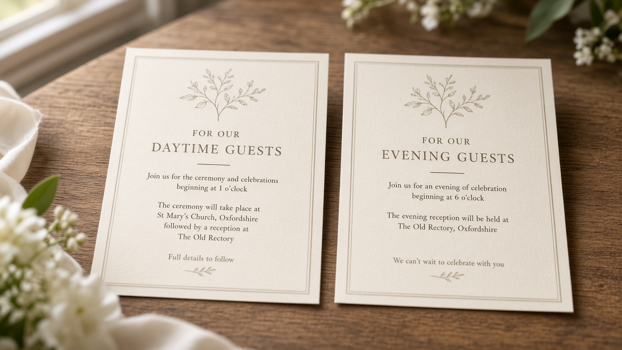 Cream day-guest and evening-guest invitation cards on a wooden table