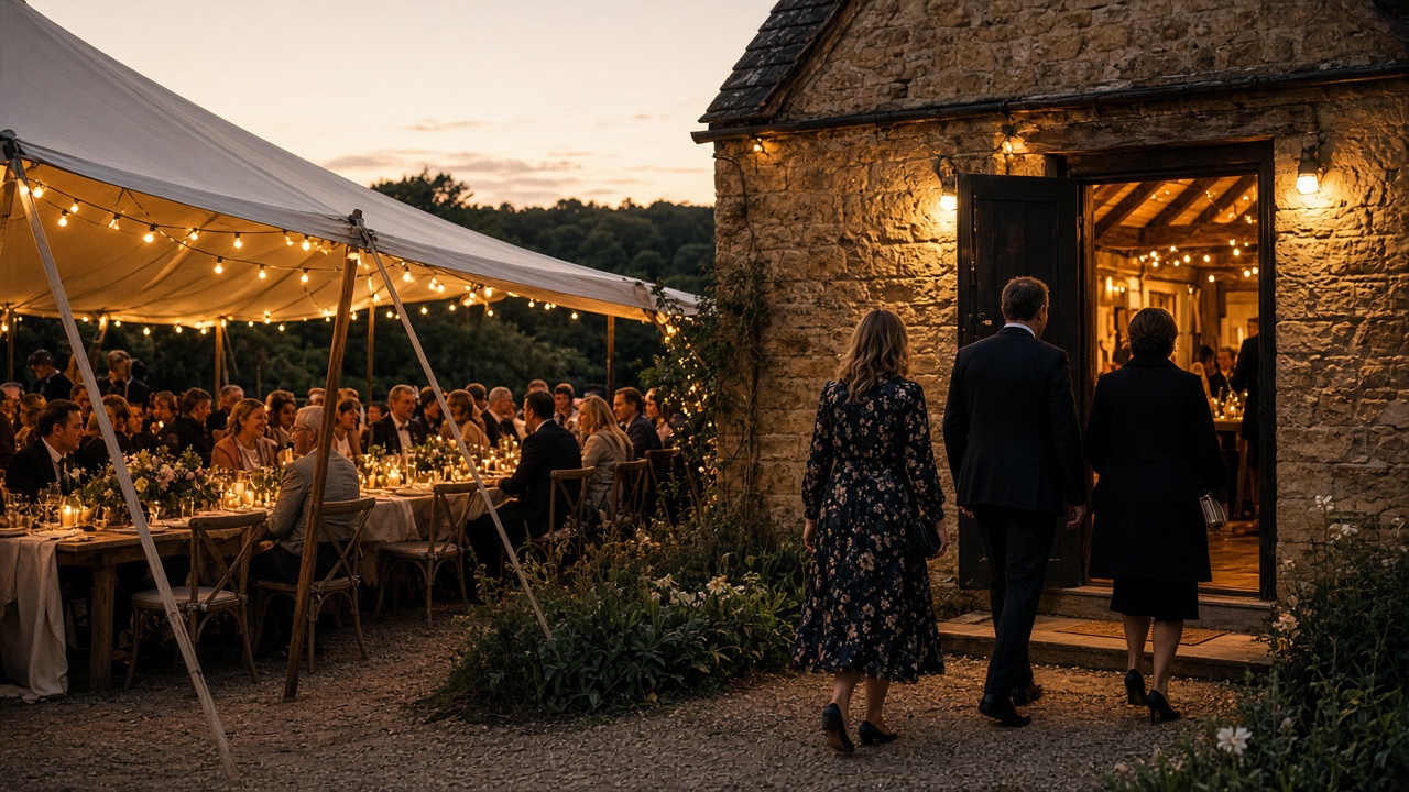 Evening guests arriving at a lit stone barn while day guests finish dinner under a marquee