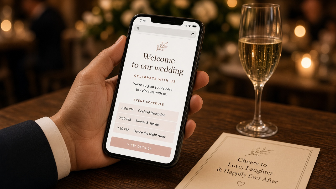 Guest checking a wedding event page on a phone beside a champagne flute