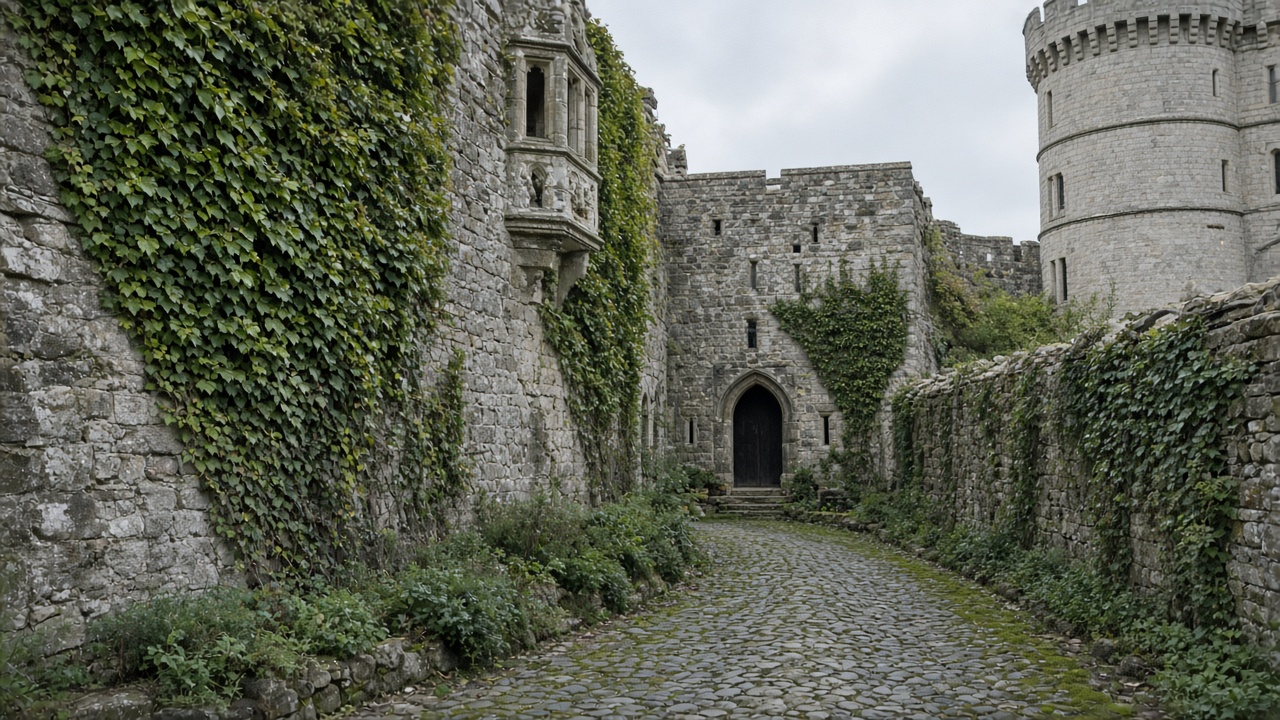 Historic stone castle courtyard, empty