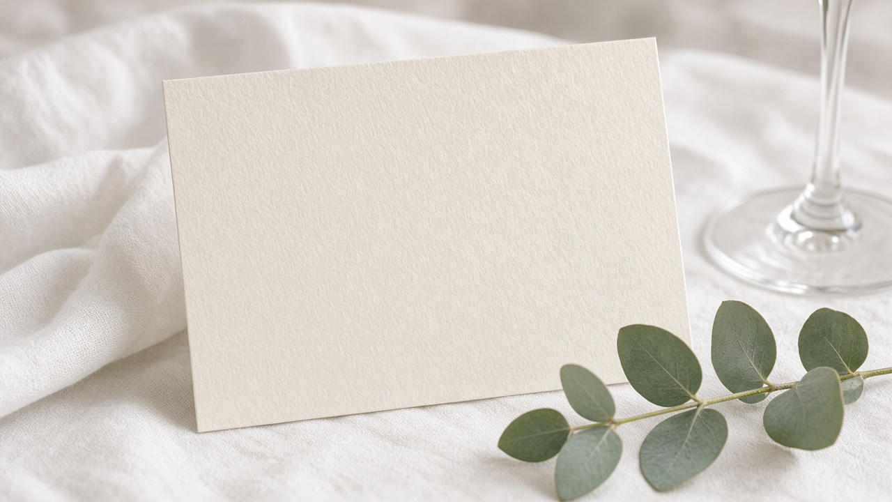 Blank cream wedding table card on rustic wood