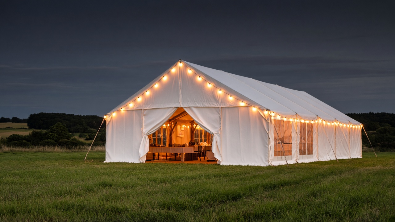 Evening countryside marquee glowing at dusk