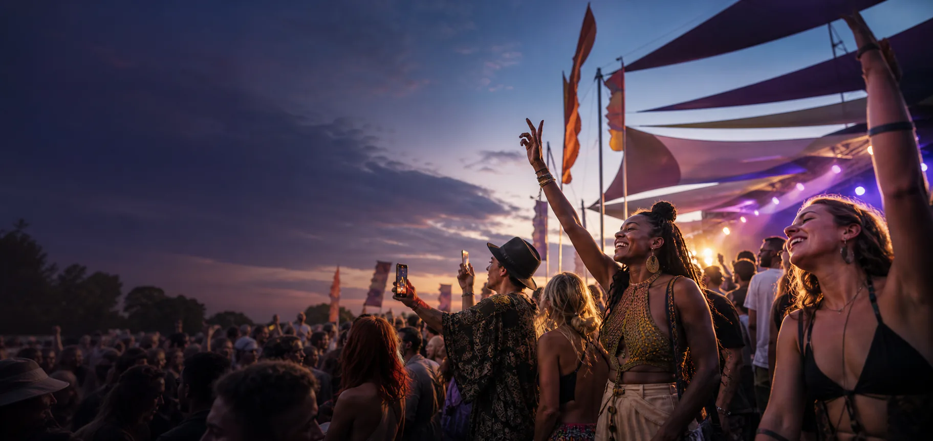 A colourful festival crowd enjoying a live performance
