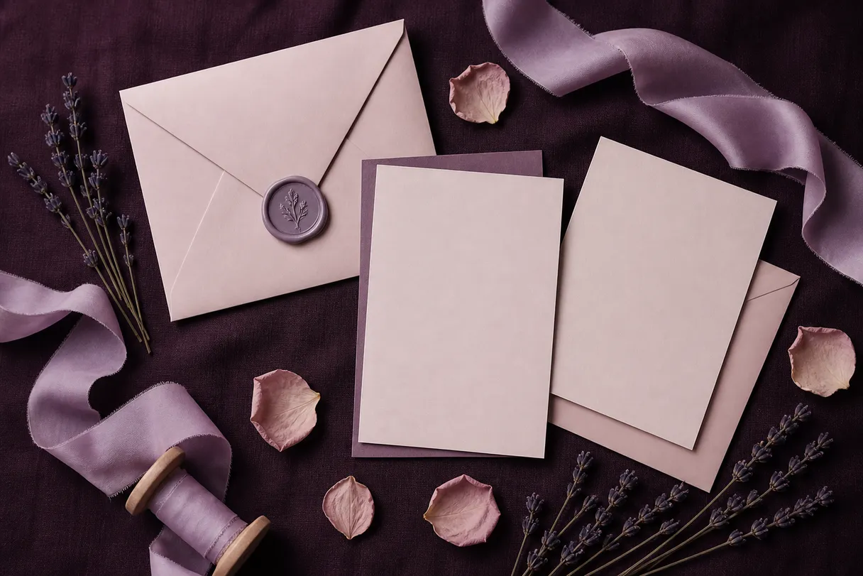 Wedding invitation stationery with a lilac wax seal, silk ribbon and lavender sprigs on plum linen