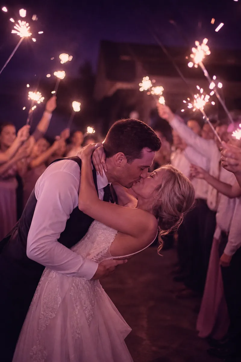 Couple kissing during the sparkler send-off