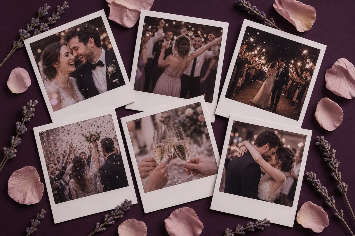 Instant photo prints of wedding moments captured by guests, laid out on a plum background