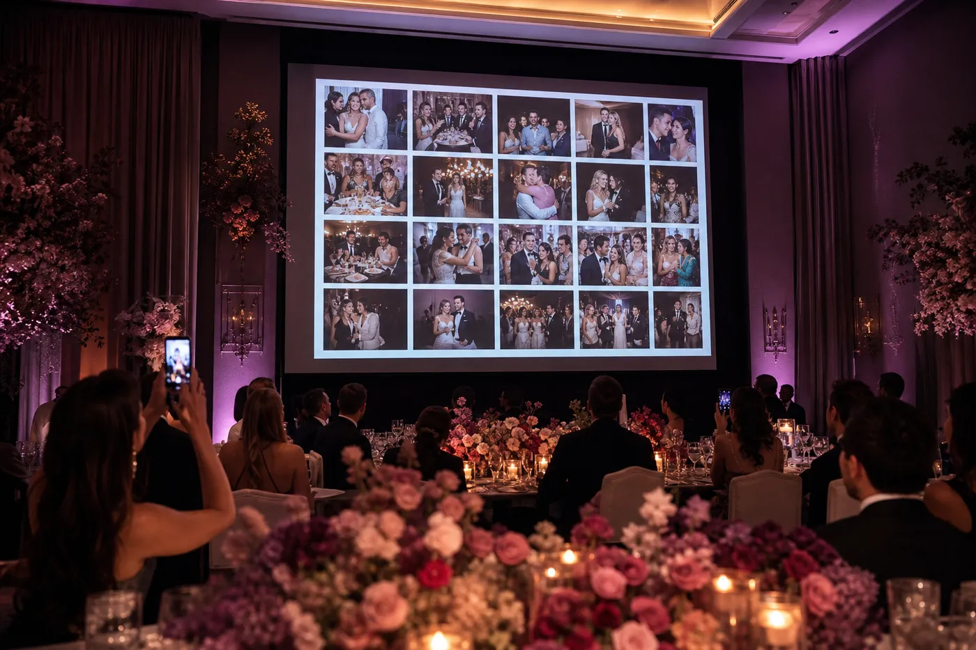 Wedding reception with a live slideshow of guest photos projected on a large screen