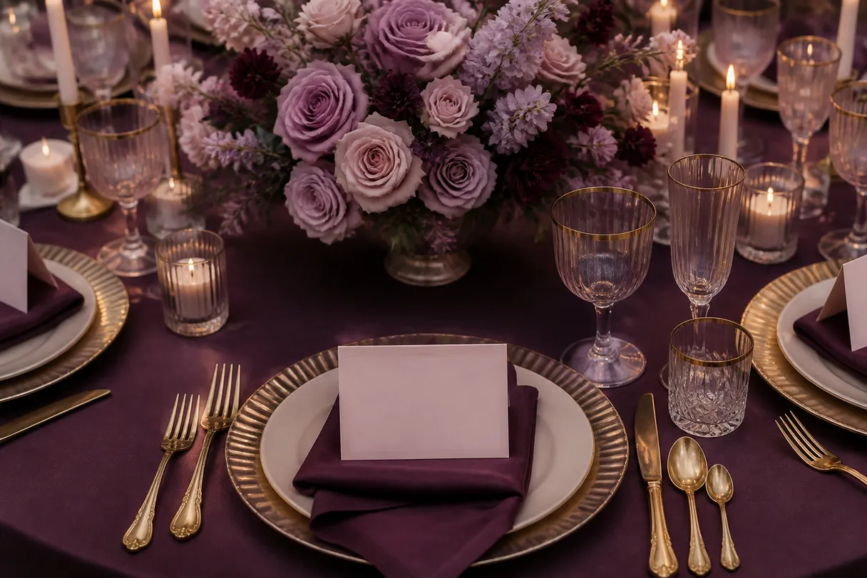 Elegant wedding reception place setting with a place card, gold cutlery and lilac roses
