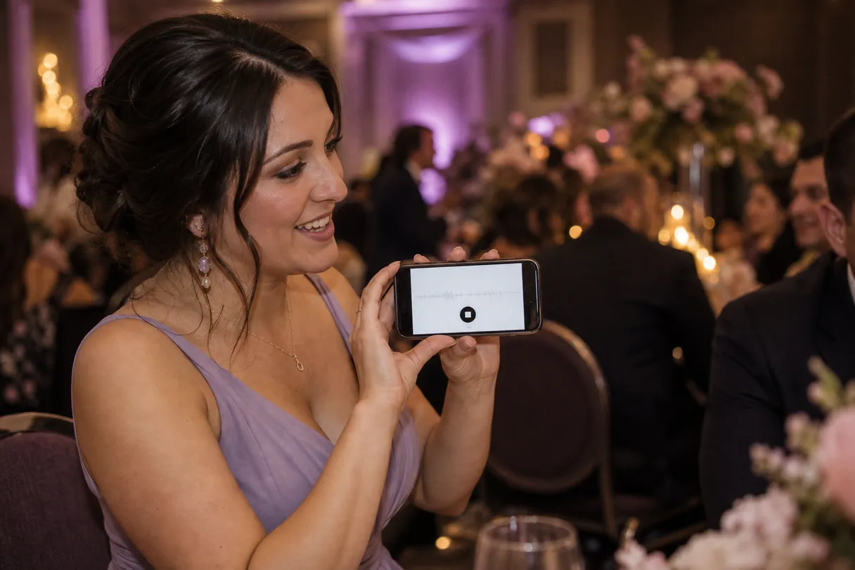 Wedding guest recording a voice note on her phone, with a waveform and record button on screen