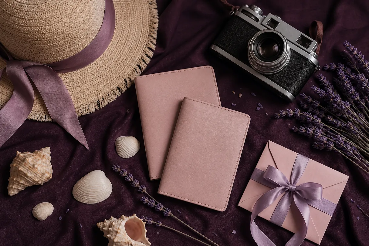 Honeymoon flat-lay with a straw hat, passports, a camera and a blush gift envelope on plum linen
