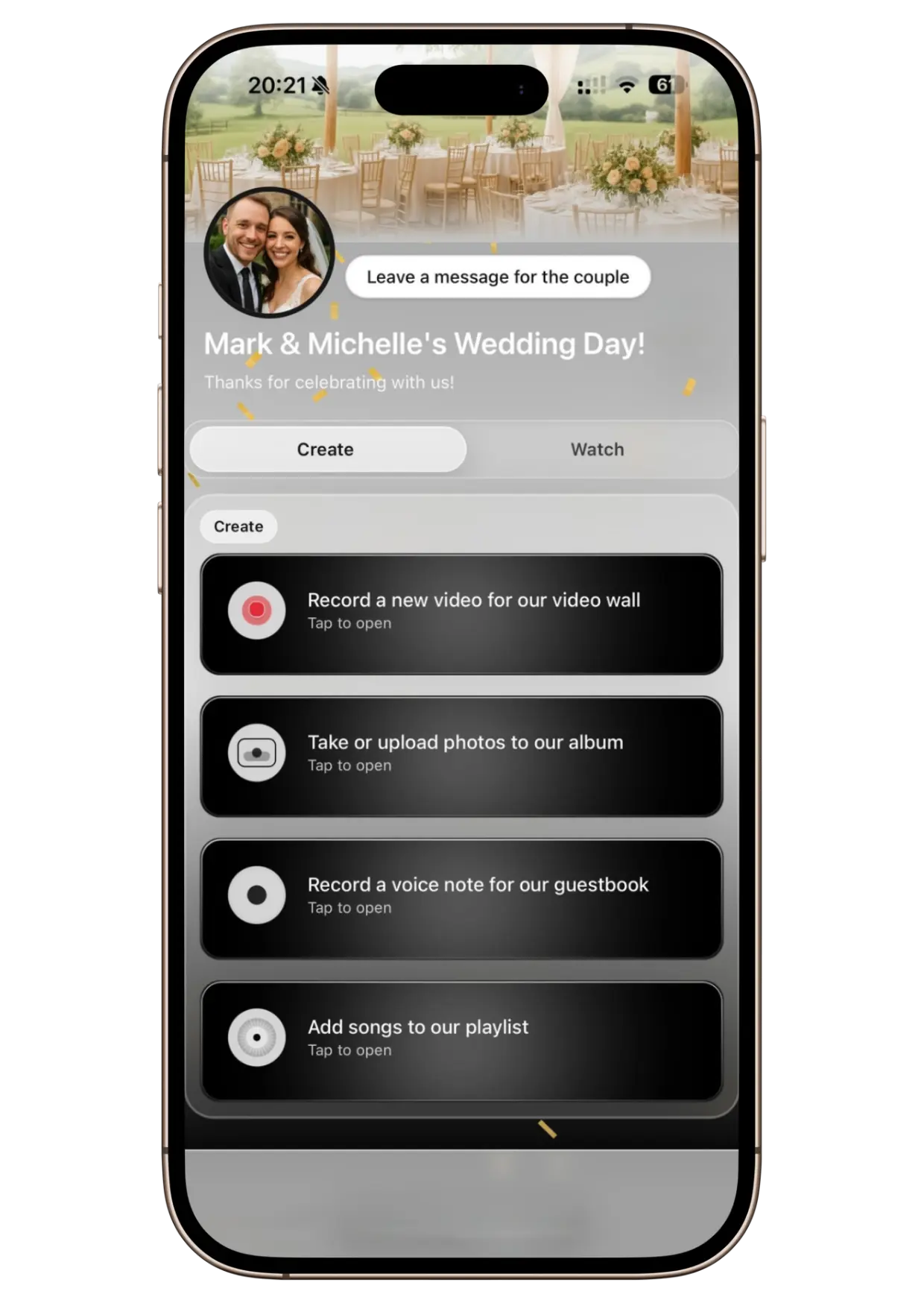 GuestLive guest portal with video, photo, voice message and playlist options