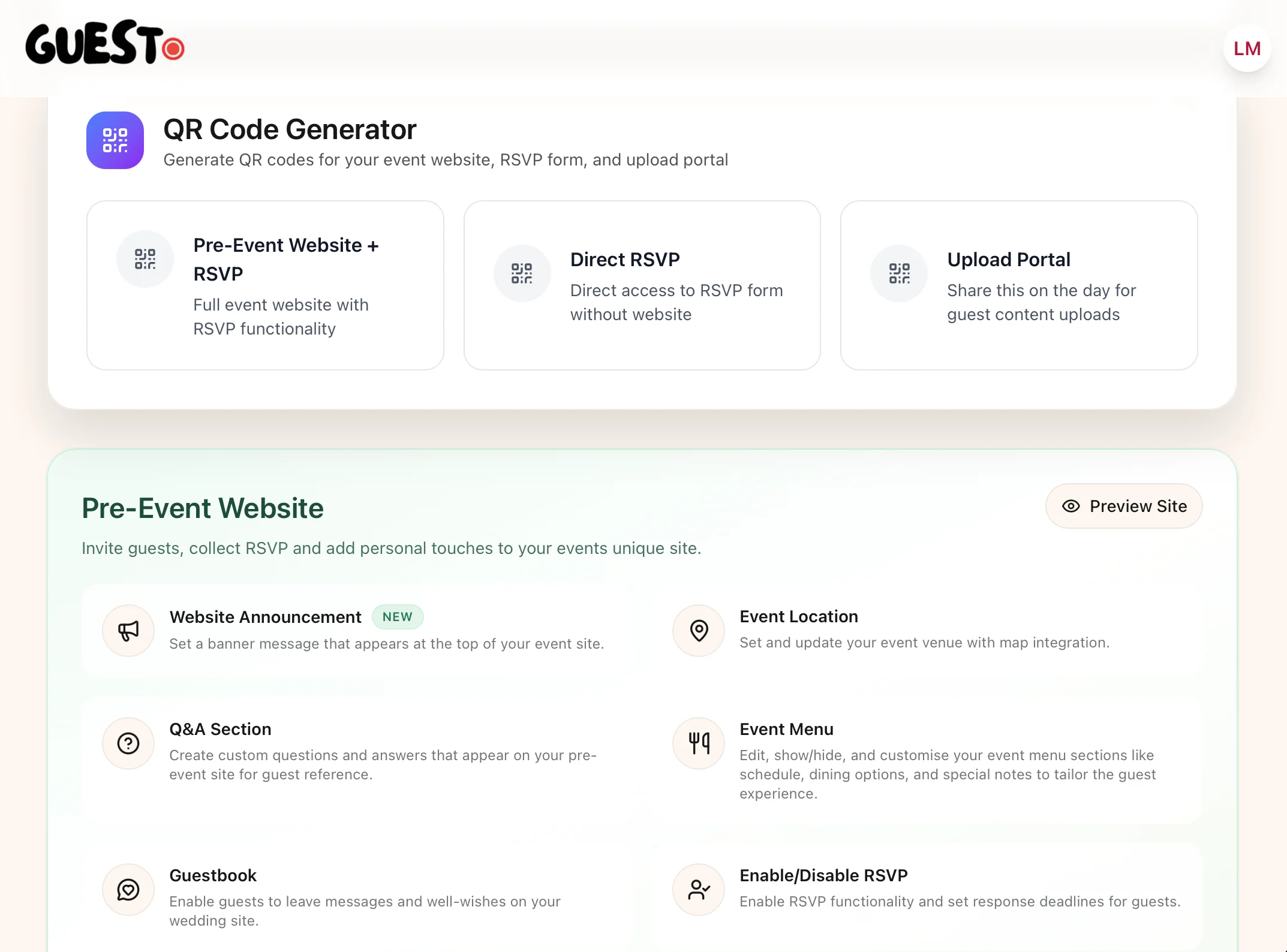 GuestLive host dashboard showing QR codes, wedding website, RSVP and guest tools
